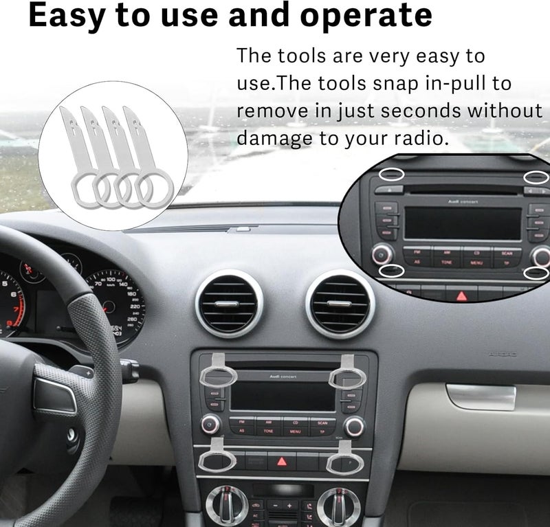 RBOKO 4Pcs Radio Removal Tool kit, Easy Grip Handles and Stiff Blades Compatible with VW Volkswagen, Mercedes Benz, Stereo Single and Double DIN Replacement Key for 1C0-051-530, T87P-19061-A (Silver) - Image 3